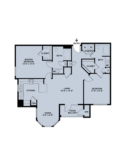 A floor plan of a house with a master bedroom, two bathrooms, a kitchen, a dining room, a living room, and a patio/balcony.
